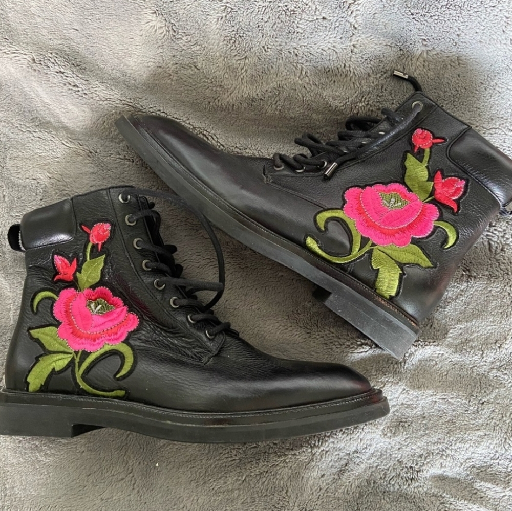 Kenneth Cole Black Boots with Pink and Green Floral Design